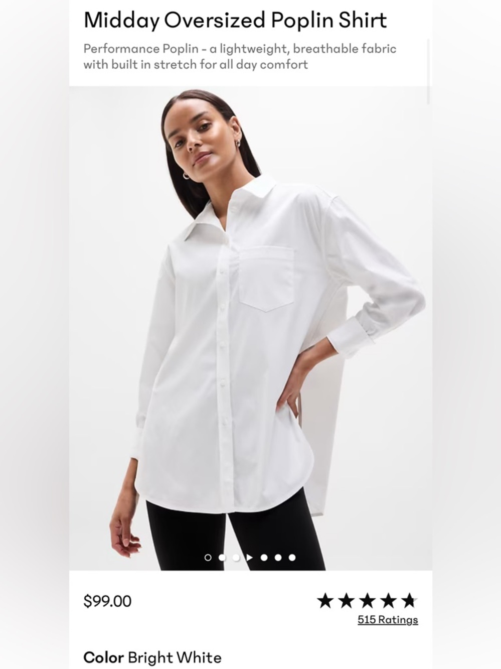 ATHLETA midday Poplin shirt, oversized, buttondown XL bright white hidden pocket